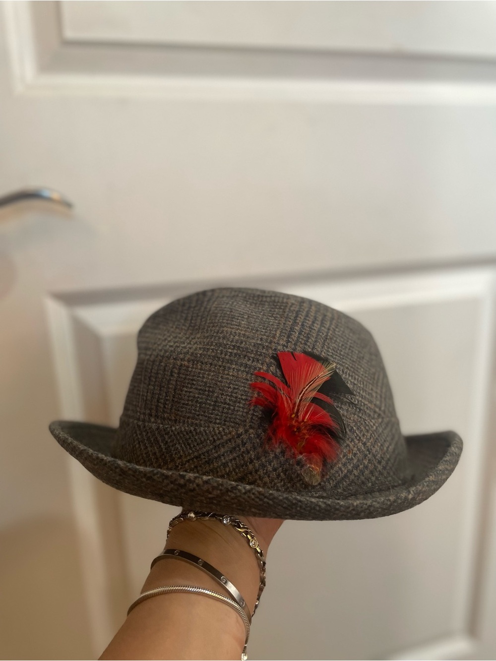 Vintage Lee Hats Wool Tweed Fedora/Trilby Hat with Feathers - Gray Herringbone